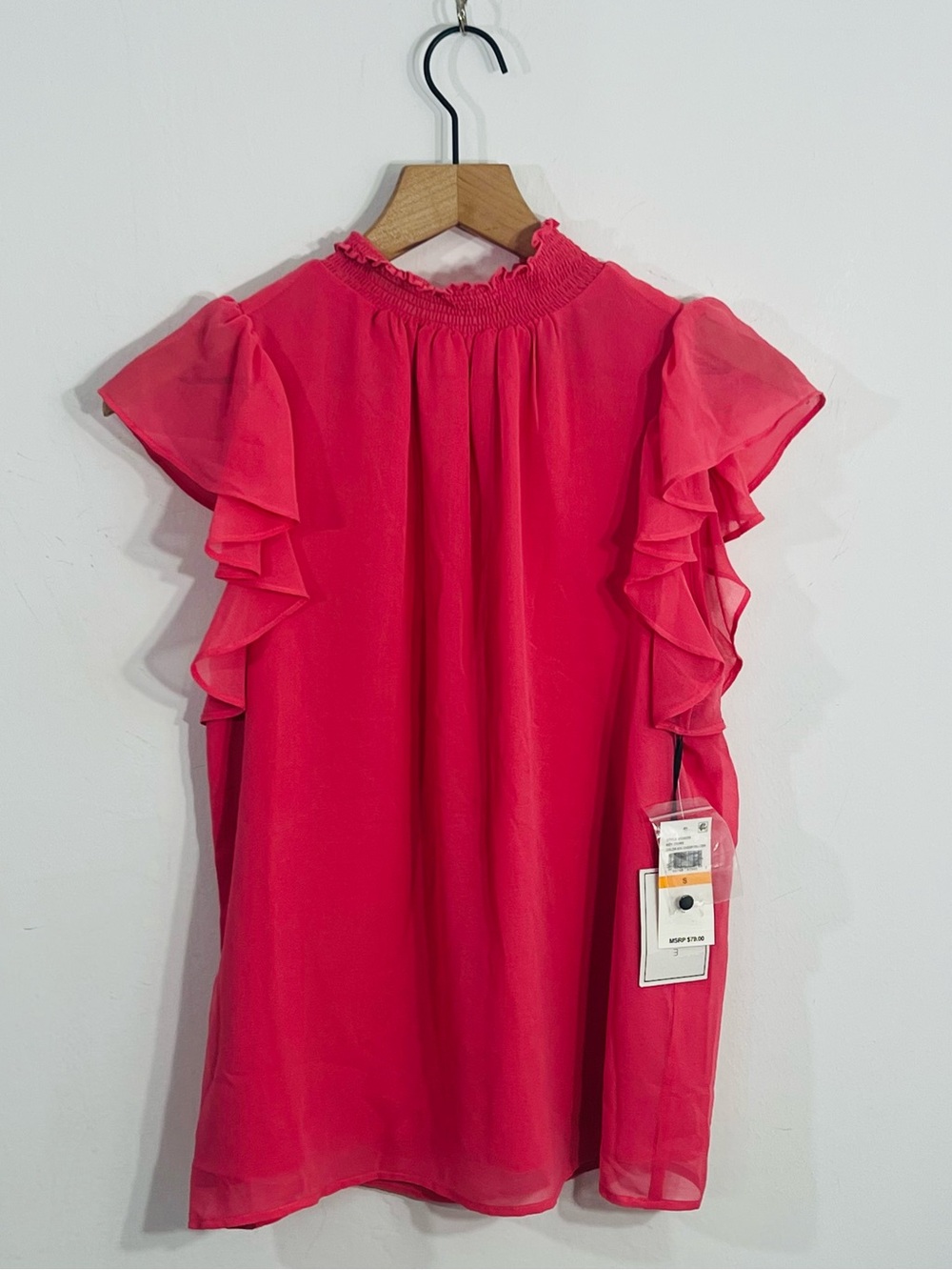 1.STATE Cherry Blossom Pink Flutter Sleeve Ruffle High Neck Blouse Size Small